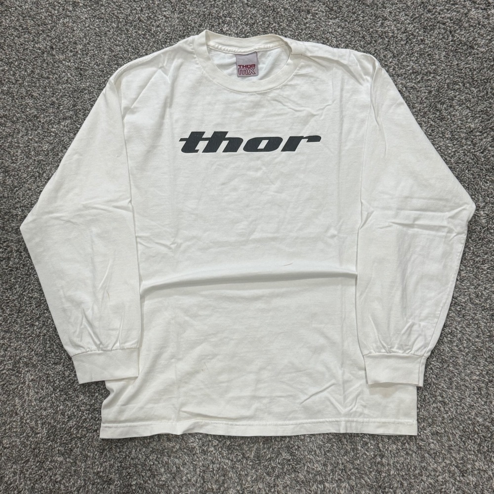 VTG 90s Thor MX Biker Long Sleeve Graphic T-Shirt White Motocross Racing Mens L